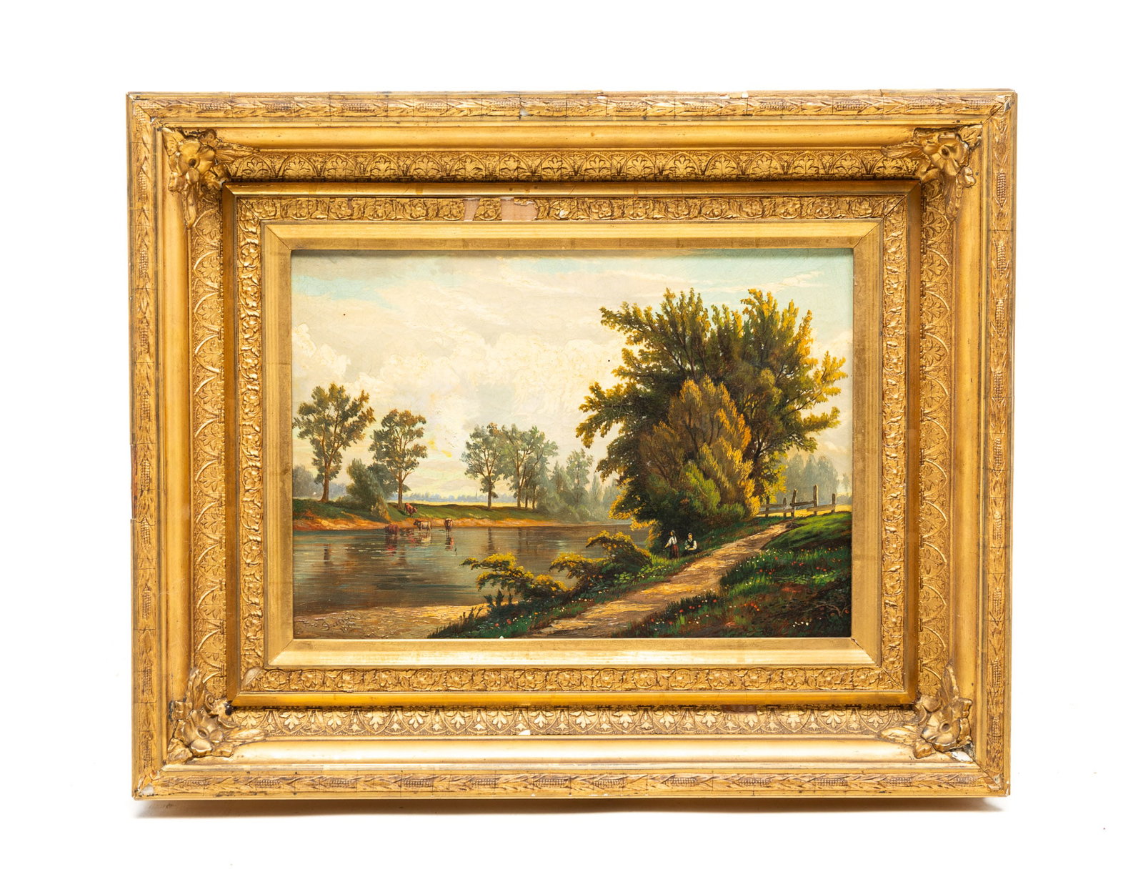 SIGNED PASTORAL LANDSCAPE PAINTING.: European, 19th Century. Oil on canvas. Depicting a pastoral scene of cows wading in a river with women on the opposite shore beneath a cloudy sky, illegibly signed and dated 1881 at lower left, in an 