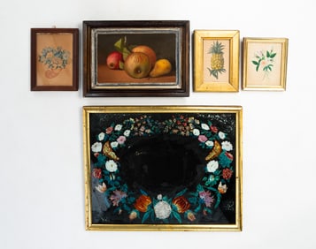 FIVE FRAMED WORKS OF ART.