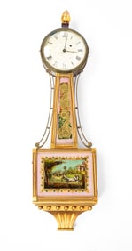 GILDED BANJO CLOCK WITH REVERSE PAINTED TABLET.
