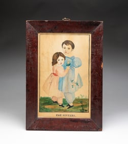 FOLK ART WATERCOLOR PORTRAIT, "THE SISTERS" BY I.U. PERKINS.
