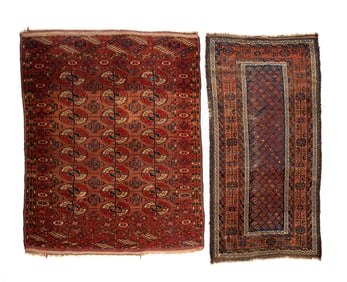 TURKOMAN BOKHARA RUG AND A BALUCH RUNNER RUG.