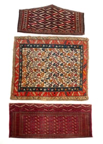 VIBRANT CAUCASIAN RUG, YAMUT SILK TENT PIECE, AND A TEKKE BOKHARA FRAGMENT.