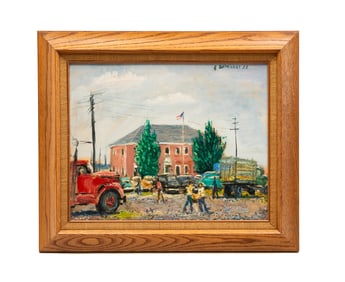 "STREET SCENE WITH SCHOOL AND STUDENTS" BY EMERSON BURKHART (1905-1969).