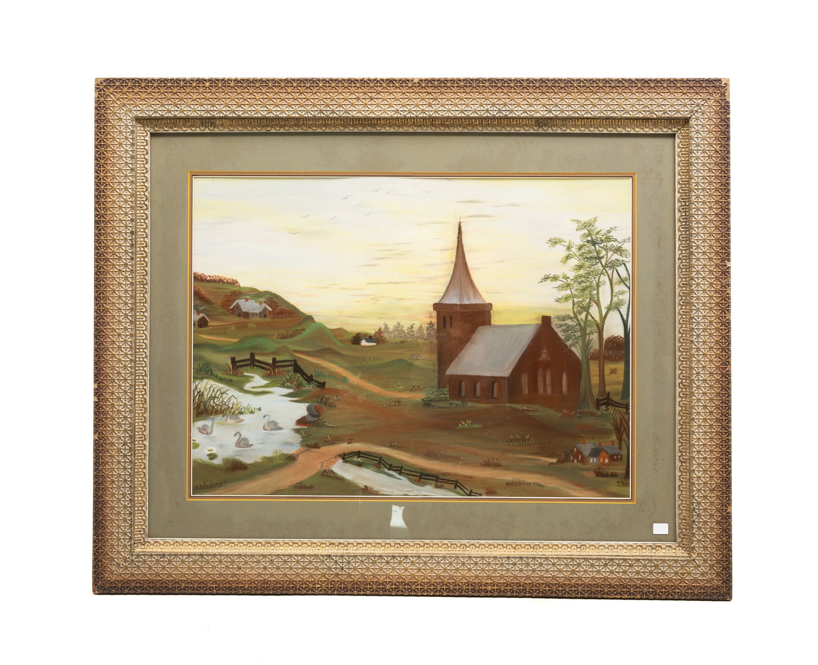 RURAL CHURCH YARD SCENE.: American, 19th Century. Pastel on paper. Brick church with steeple, stream with swans, houses and meandering country dirt road. In a period frame, 31"h. 37.75"w.