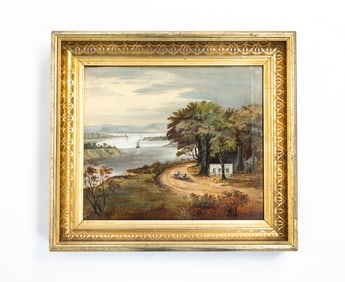 UNSIGNED HUDSON RIVER PAINTING WITH STEAMBOATS.