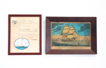 LITHOGRAPH OF A SHIP BY FAIRBURN AND A BILL OF LADING WITH A PAINTING BY COLQUHOUN.