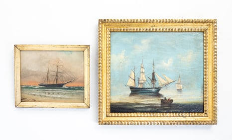 TWO UNSIGNED OIL PAINTINGS OF SHIPS.