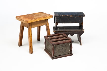 TWO PAINTED FOOT STOOLS, A FOOT WARMER, AND A PAINTED STOOL.