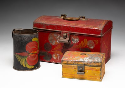 GROUP OF TOLE: TWO DOME TOP BOXES AND A MUG.