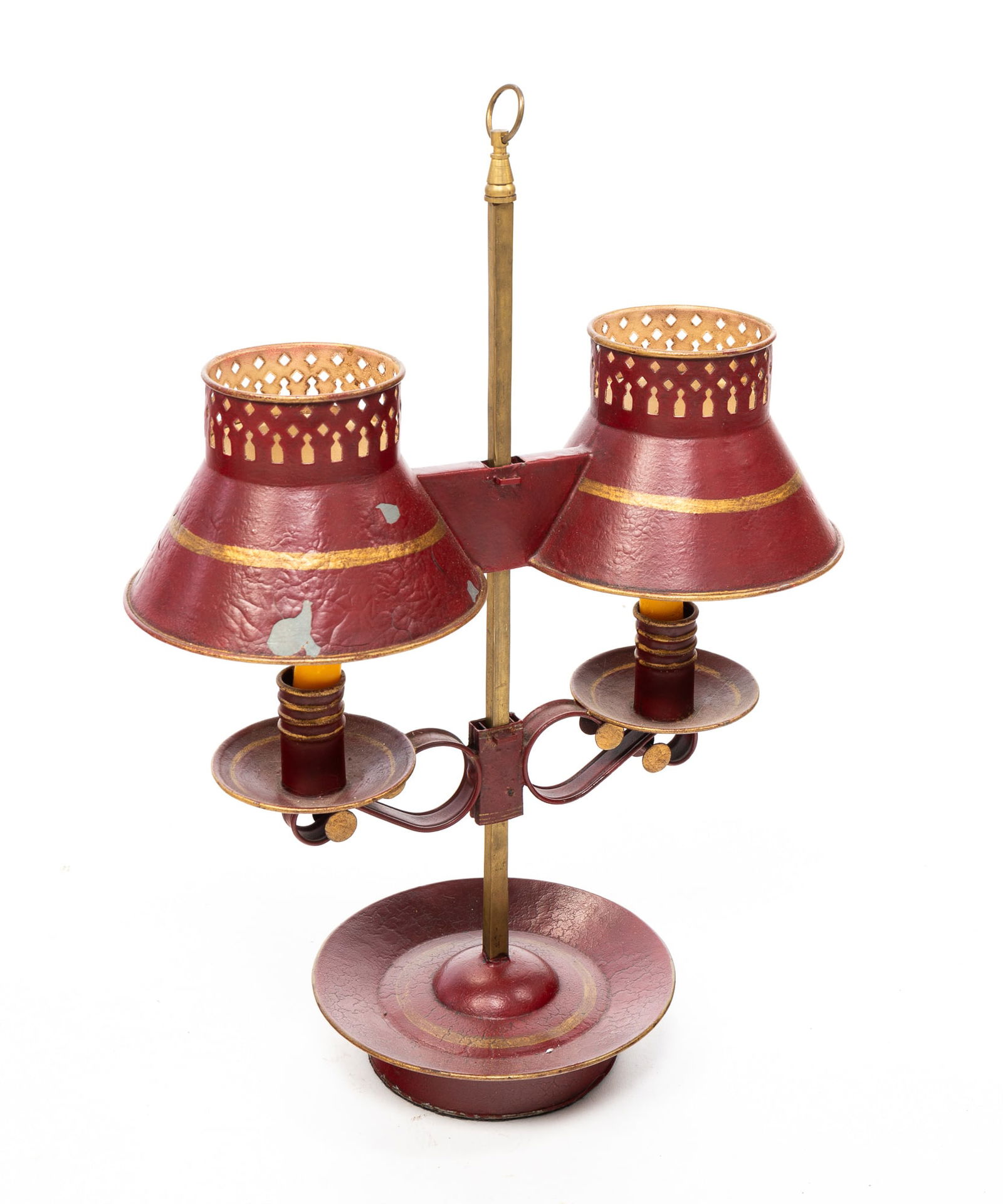 TOLE RED AND GOLD PAINTED TIN DOUBLE CANDLE BOUILLOTTE LAMP. (1 of 2)