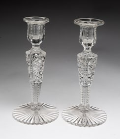 PAIR OF SINCLAIR BRILLIANT CUT GLASS CANDLESTICKS.