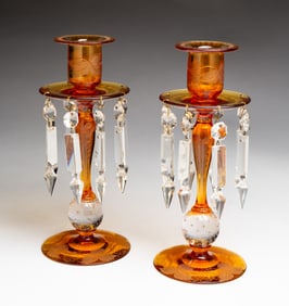 PAIR OF PAIRPOINT ETCHED CANDLESTICKS.