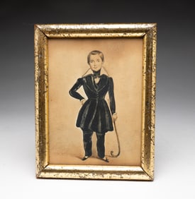UNSIGNED FOLKSY WATERCOLOR PORTRAIT OF A YOUNG BOY ATTRIBUTED TO HENRY WALTON (1804 - 1865).