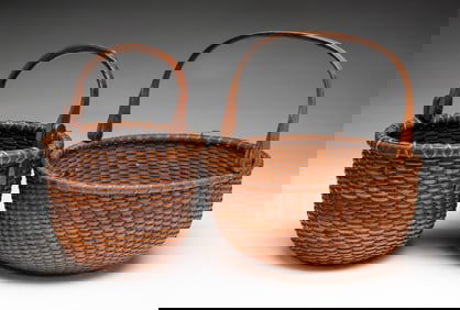 TWO MINIATURE SWING-HANDLED NANTUCKET LIGHTSHIP BASKETS.