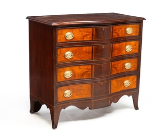 HEPPLEWHITE INLAID SERPENTINE FRONT CHEST OF DRAWERS.