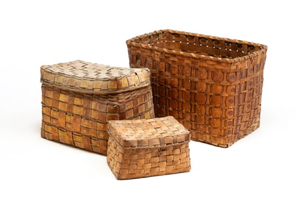 THREE DECORATED BASKETS.