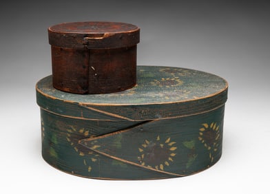 TWO MINIATURE PAINT DECORATED PANTRY BOXES.