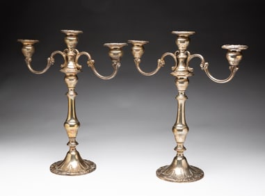 PAIR OF GORHAM "CHANTILLY" WEIGHTED STERLING CANDELABRA.