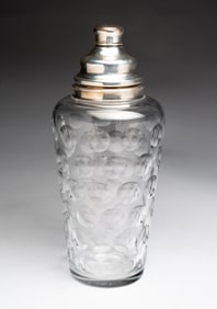 CUT GLASS COCKTAIL SHAKER WITH STERLING MOUNTS.