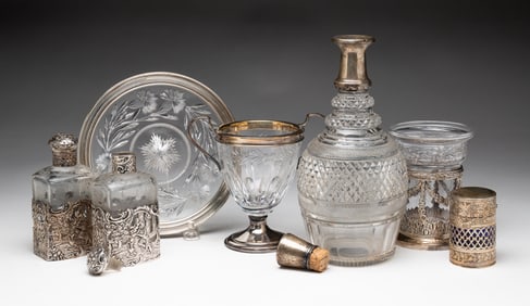 SEVEN PIECES OF SILVER OVERLAY GLASS.