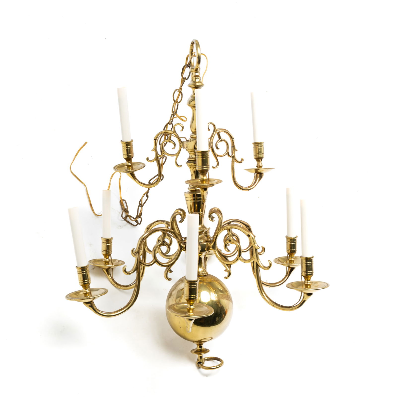 BRASS TWO TIER AND NINE LIGHT CHANDELIER. (1 of 5)