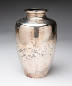 SCENIC STERLING SILVER VASE.