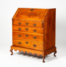 QUEEN ANNE FIGURED MAPLE DESK-ON-FRAME.
