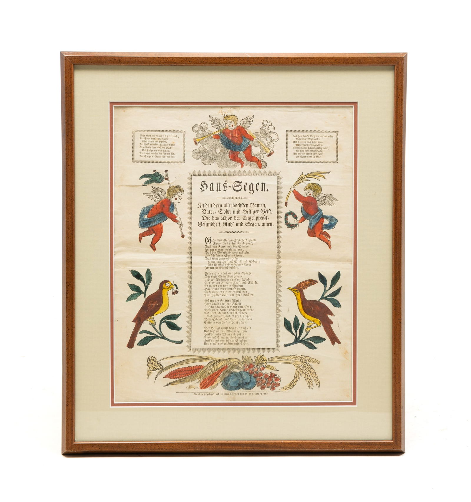 PRINTED AND HAND COLORED FRAKTUR.: Germany, 19th Century. Religious verses decorated with cherubs, birds and foods. Double matted behind glass, 21"h. 18"w.