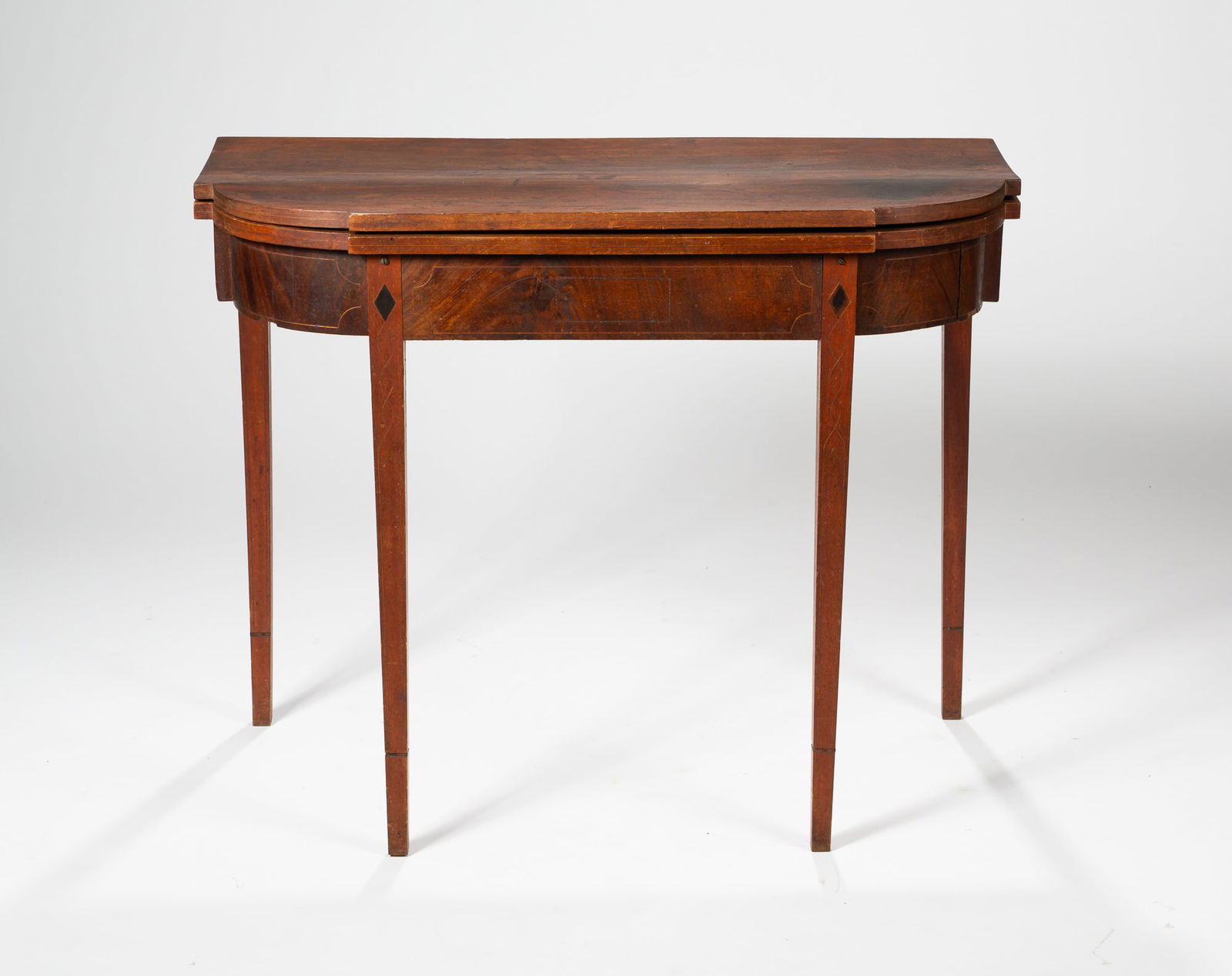 HEPPLEWHITE DEMI-LUNE INLAID CARD TABLE ATTRIBUTED TO THE DUNLAP SCHOOL. (1 of 5)
