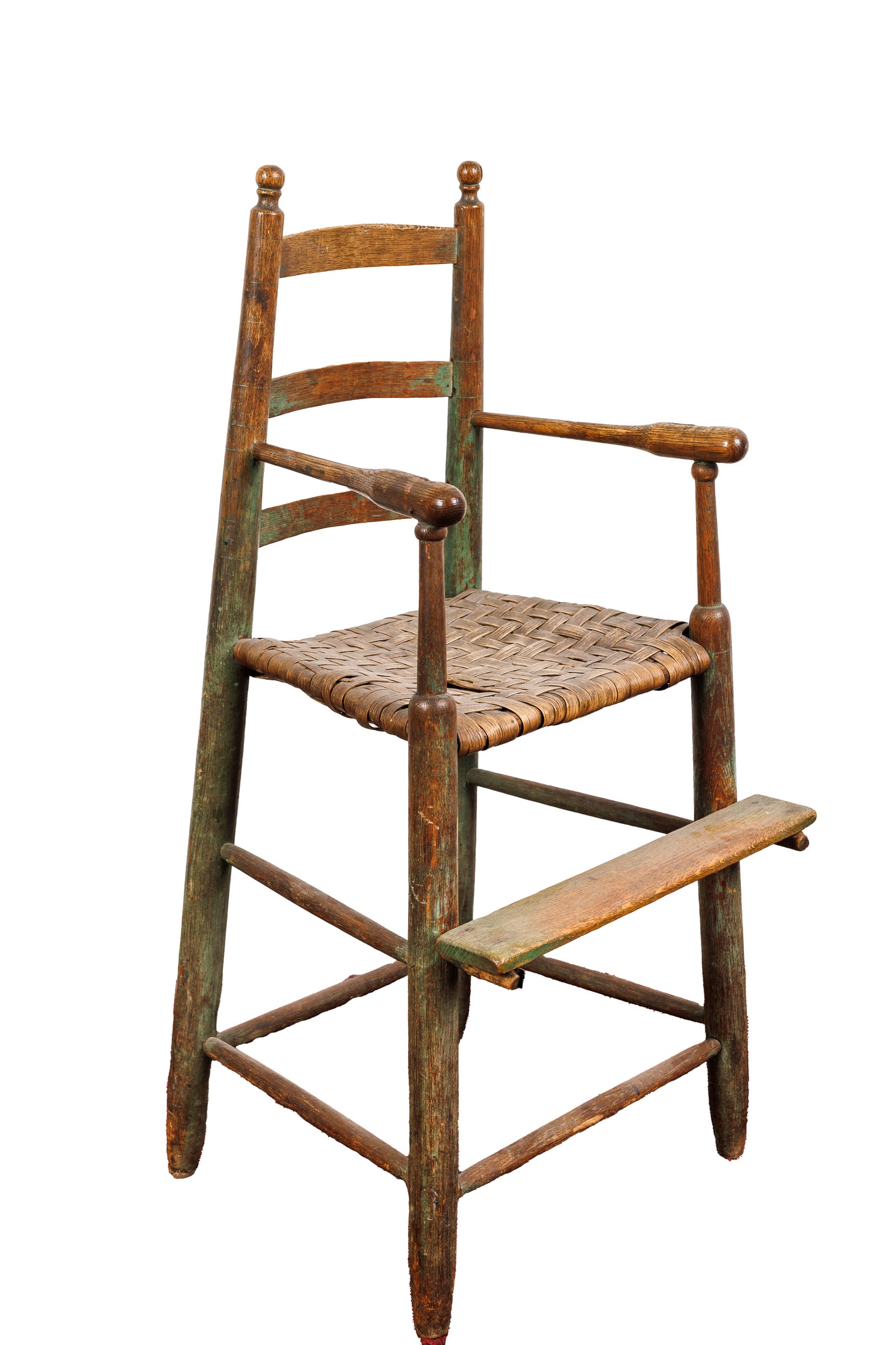 COUNTRY CHILDRENS HIGH CHAIR.: American, late 18th Century. Ladderback high chair in original green paint with original woven seat. 20" seat height; 36" overall.
