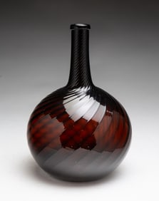 FINE ZANESVILLE AMBER RED SWIRL RIB BLOWN GLASS BOTTLE.