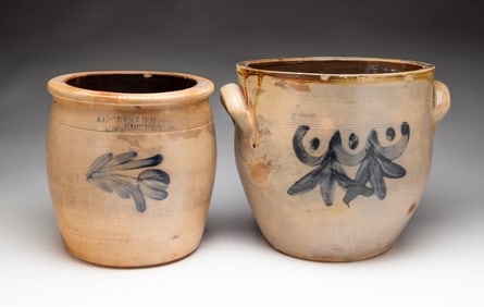 TWO COBALT DECORATED SALT GLAZED STONEWARE JARS.