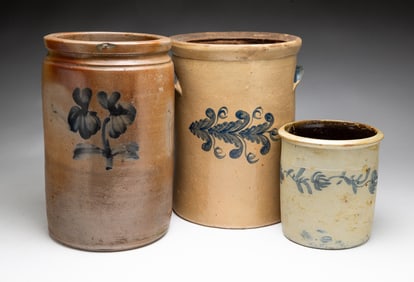 THREE COBALT DECORATED SALT GLAZED STONEWARE JARS.