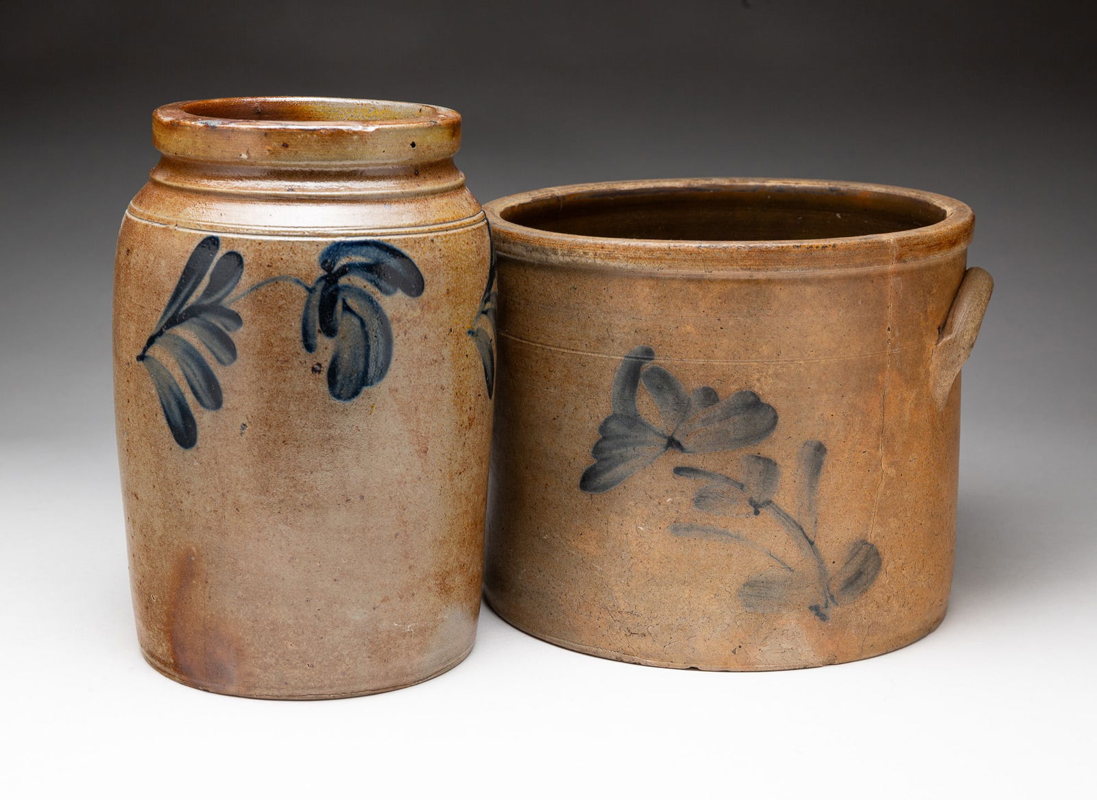 TWO COBALT DECORATED STONEWARE ITEMS. (1 of 4)