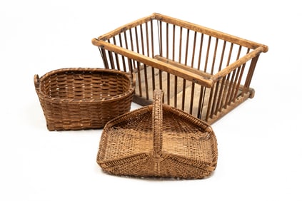 TWO SPLINT BASKETS AND SPINDLE BASKET.