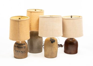 FOUR ELECTRIFIED STONEWARE JUG LAMPS.