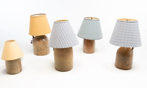 FIVE ELECTRIFIED STONEWARE JUG LAMPS.