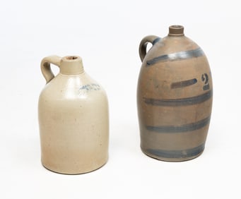 COBALT DECORORATED REDWARE JUG AND STONEWARE JUG.