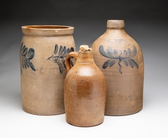 THREE SALT GLAZED STONEWARE ITEMS.