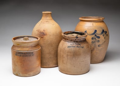 FOUR SALT GLAZED STONEWARE ITEMS.