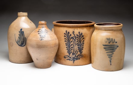 FOUR COBALT DECORATED SALT GLAZED STONEWARE ITEMS.
