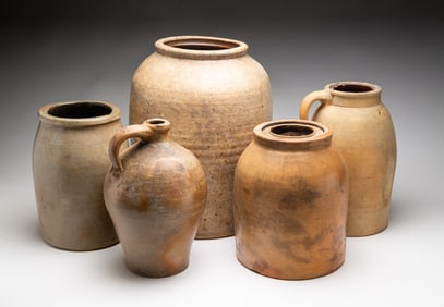 FIVE SALT GLAZED STONEWARE VESSELS.