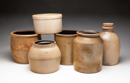 SIX SALT GLAZED STONEWARE ITEMS.