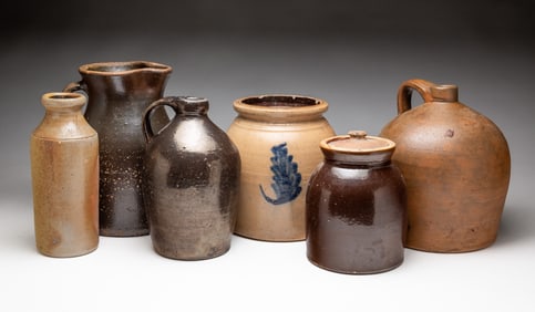 SIX GLAZED STONEWARE VESSELS.