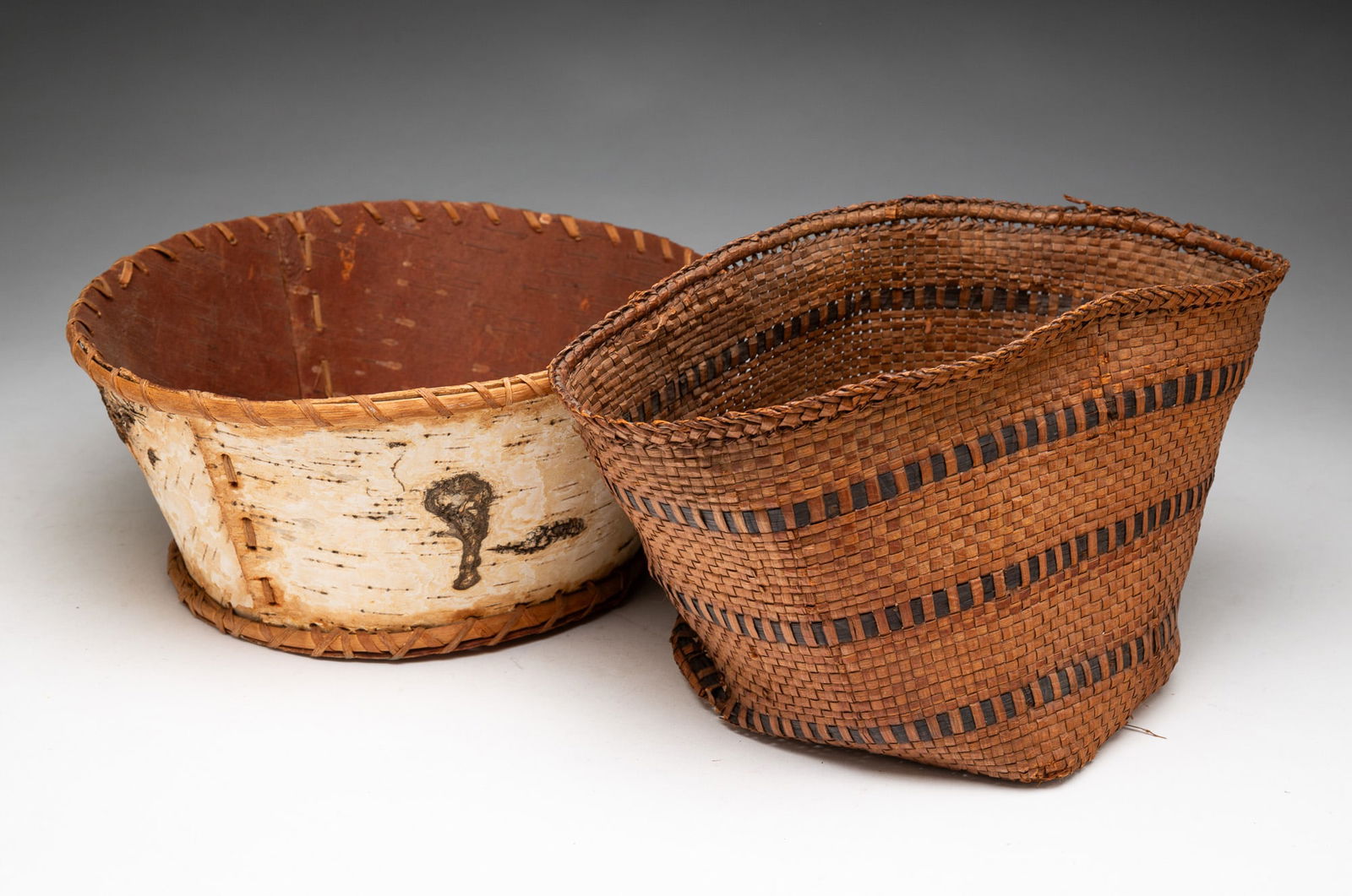NATIVE AMERICAN BIRCH BARK BASKET AND WOVEN CEDAR BARK BASKET. (1 of 3)