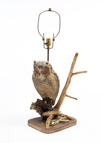 PAINTED AND CARVED HERTER'S OWL DECOY LAMP.