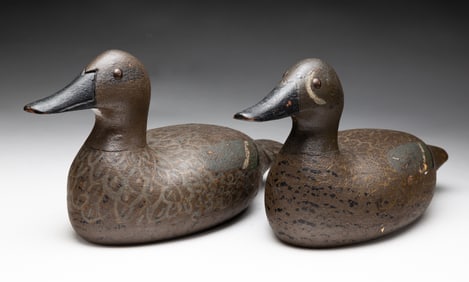 PAIR OF BLUE WINGED TEAL PAINTED DUCK DECOYS.
