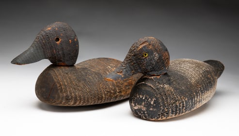 TWO BLUE BILL PAINTED DUCK DECOYS.