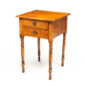 SHERATON TIGER MAPLE TWO DRAWER STAND.