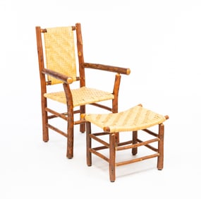 ADIRONDACK STYLE ARMCHAIR AND OTTOMAN BY OLD HICKORY.